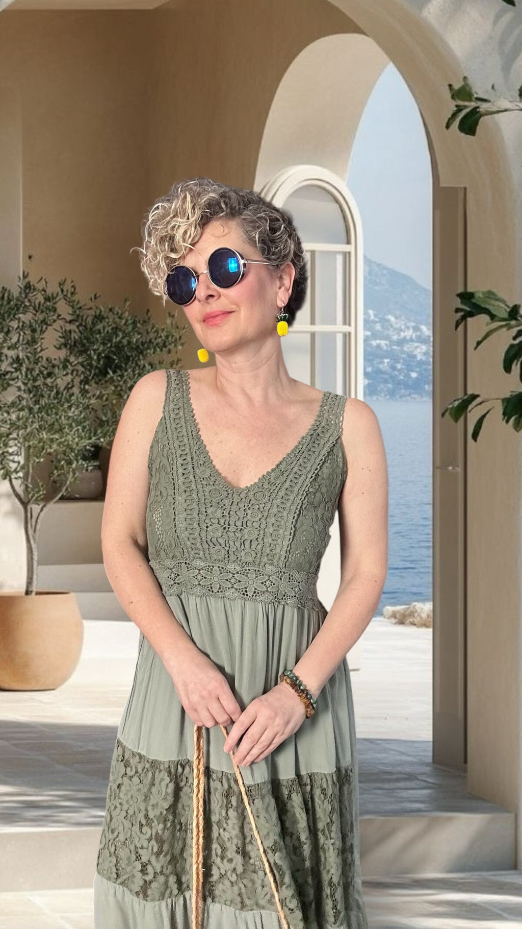 Pizzo İtalyan Brode İşlemeli Elbise Haki