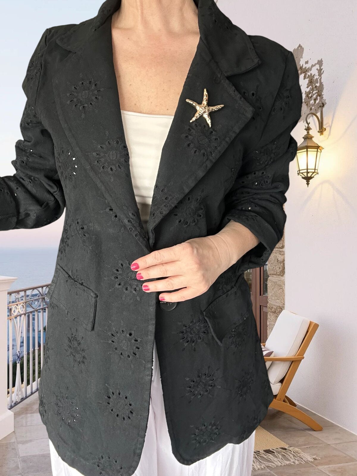 Primma | Fisto Nakışlı & Yıldız Broşlu Pamuk Blazer Siyah
