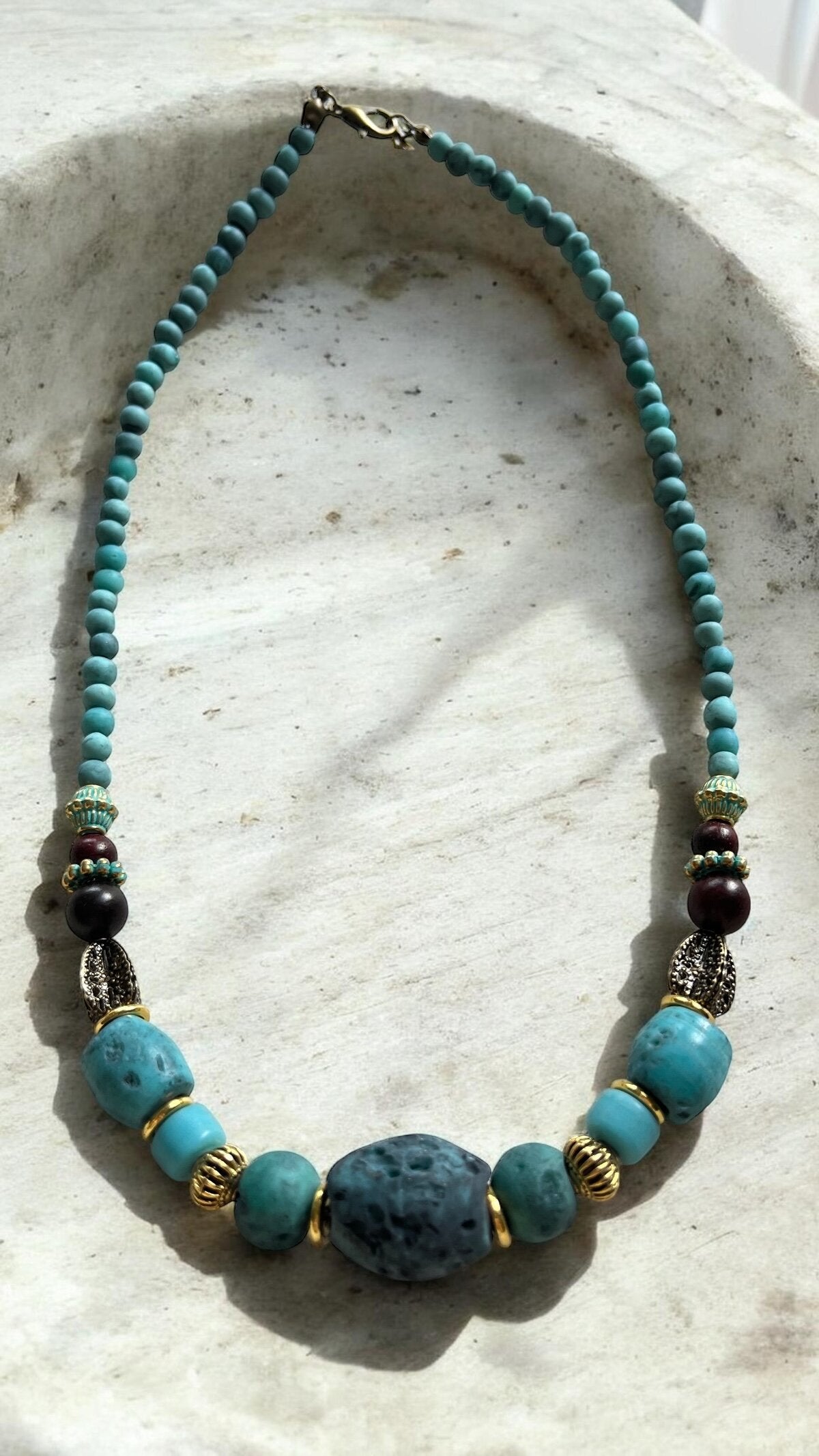 Ragis Pirinç Cam Etnik Kolye Turkuaz