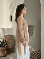 Sette Asimetrik Kesim Payetli İpek Kollu Premium Bluz Camel