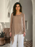 Sette Asimetrik Kesim Payetli İpek Kollu Premium Bluz Camel