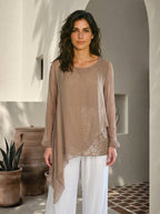 Sette Asimetrik Kesim Payetli İpek Kollu Premium Bluz Camel