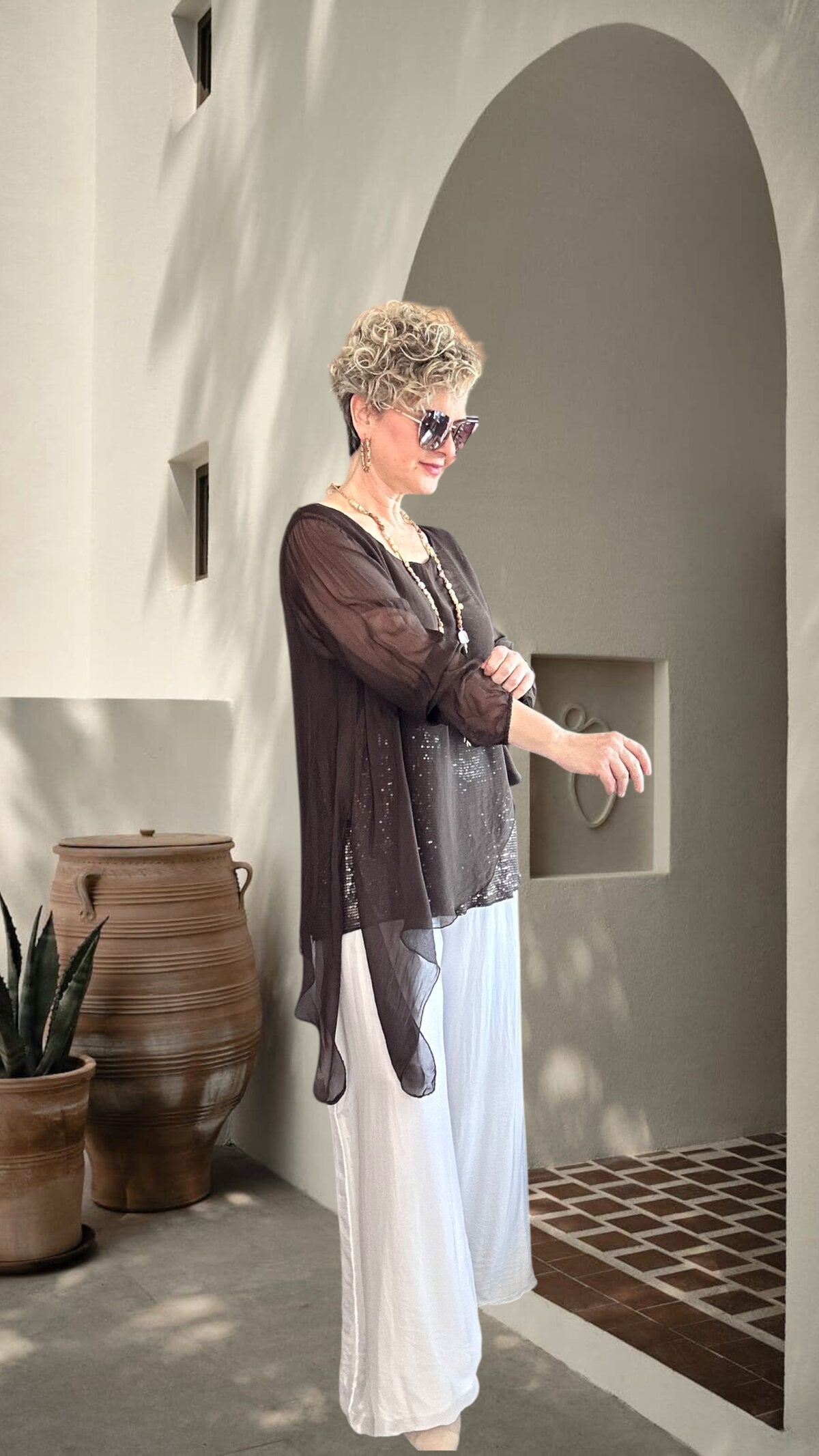 Sette Asimetrik Kesim Payetli İpek Kollu Premium Bluz Kahve