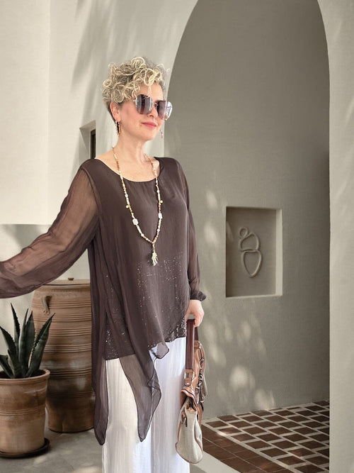 Sette Asimetrik Kesim Payetli İpek Kollu Premium Bluz Kahve