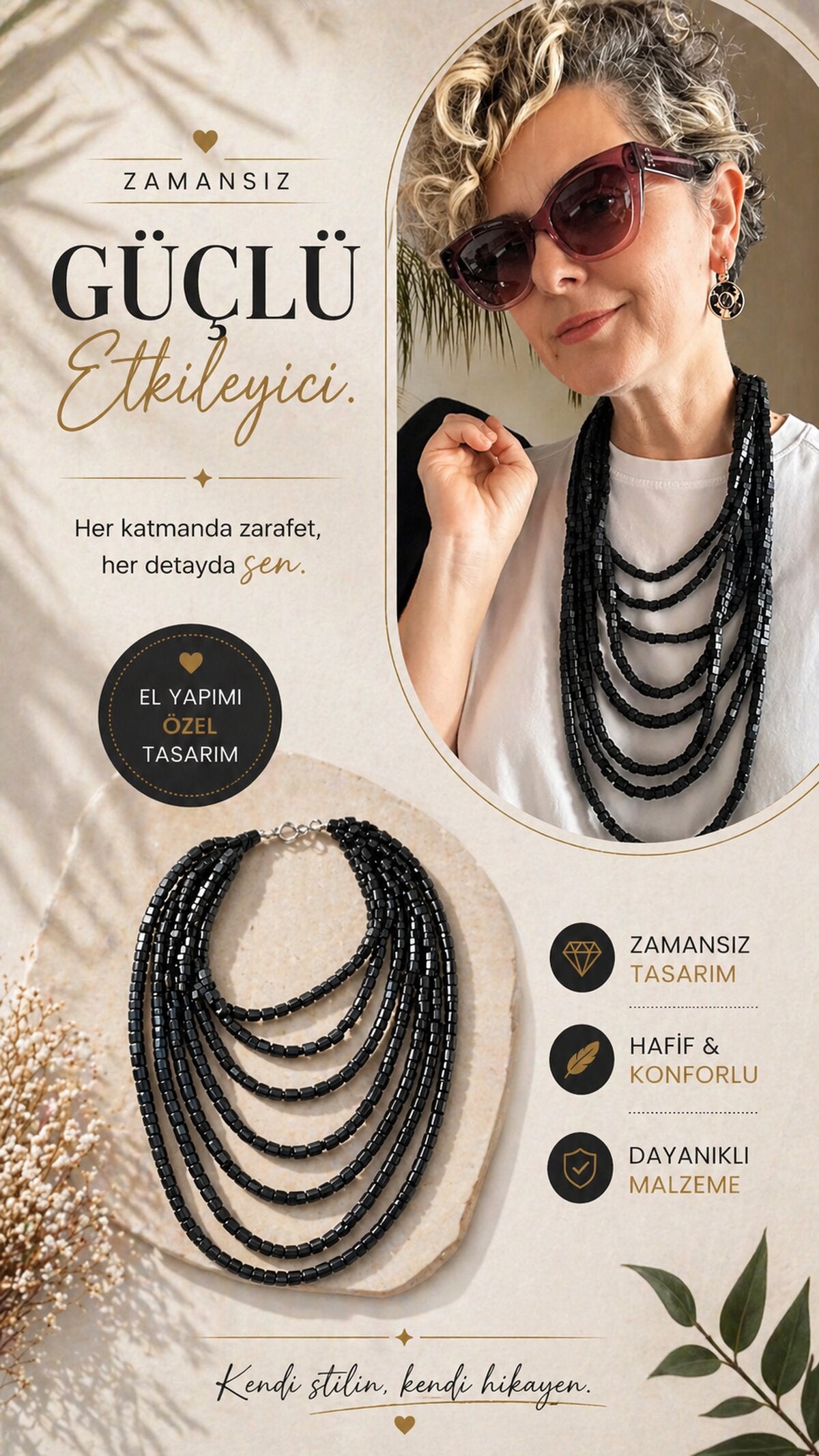 Siyah Tahta Otantik Sekiz Sıra Kolye