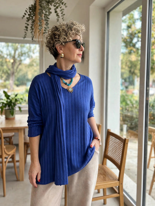 Rossi İtalyan Fularlı Tasarım Triko Bluz Sax görsel 1