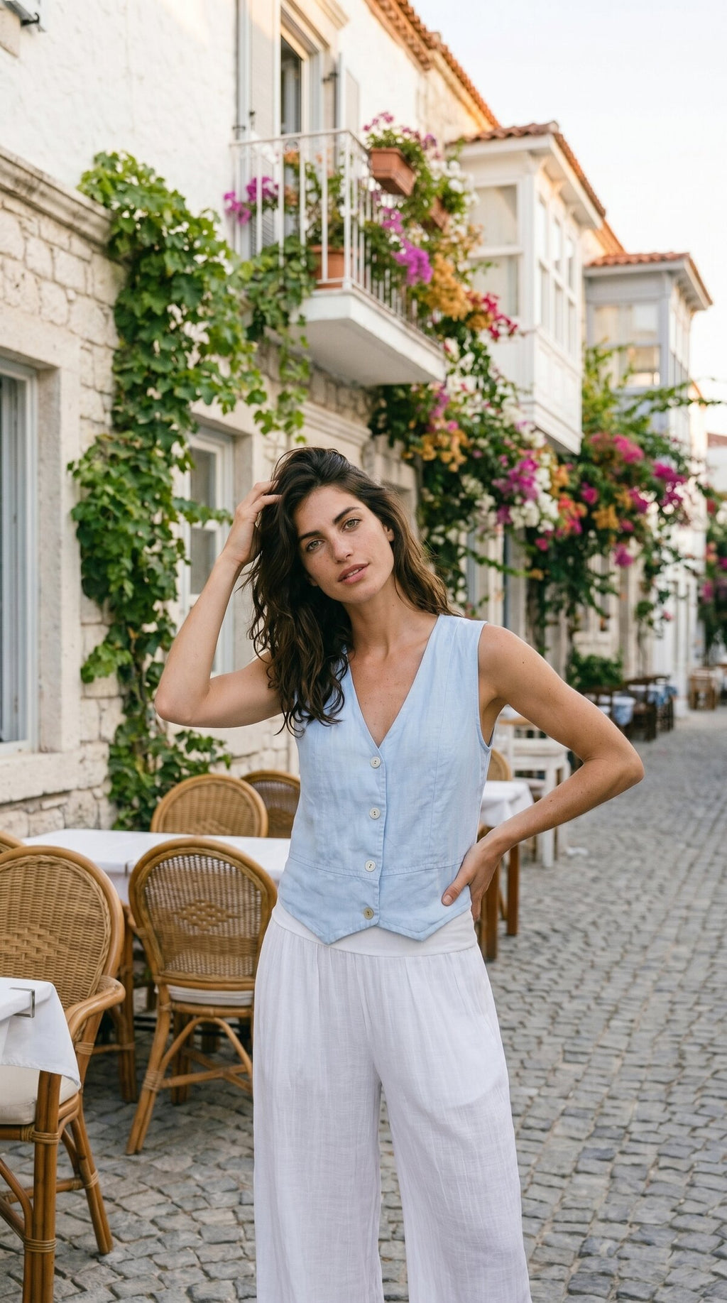Terra %100 Linen Tasarım Düğmeli Yelek Bebe Mavi
