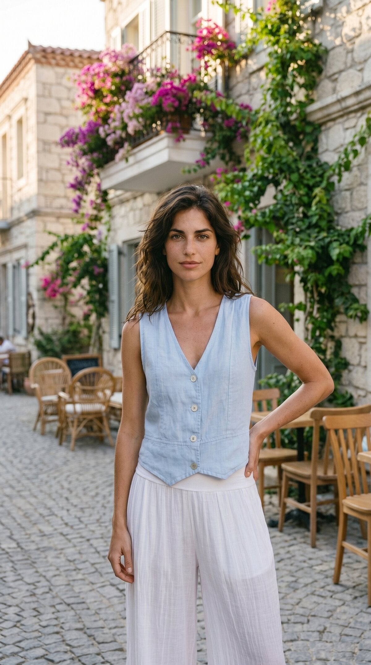 Terra %100 Linen Tasarım Düğmeli Yelek Bebe Mavi