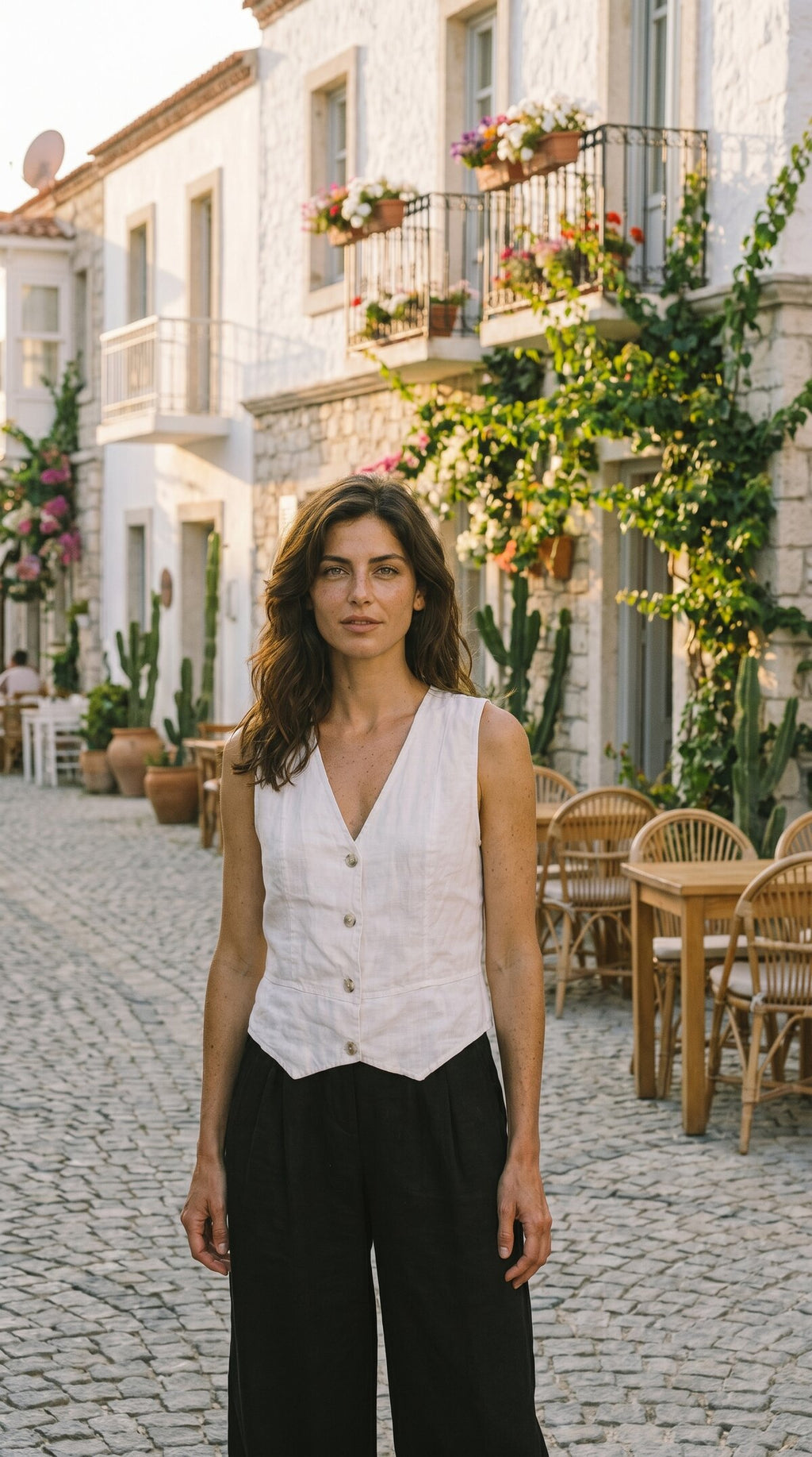 Terra %100 Linen Tasarım Düğmeli Yelek Beyaz