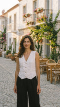 Terra %100 Linen Tasarım Düğmeli Yelek Beyaz