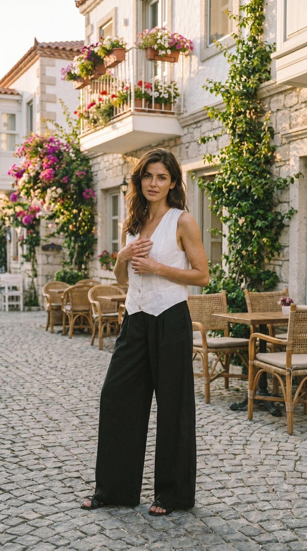 Terra %100 Linen Tasarım Düğmeli Yelek Beyaz