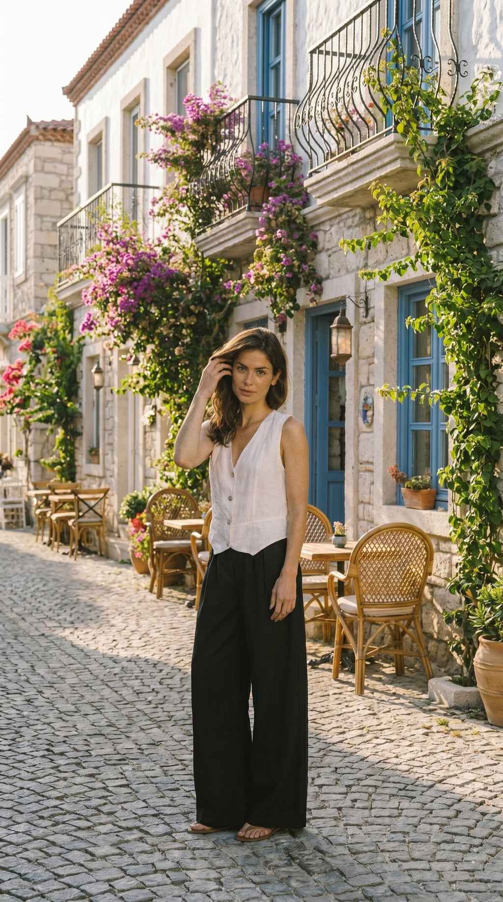 Terra %100 Linen Tasarım Düğmeli Yelek Beyaz