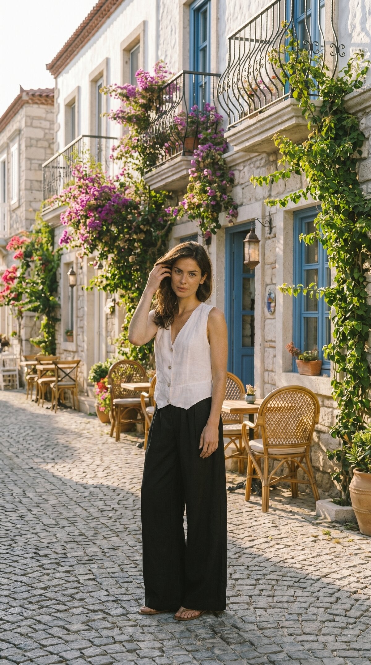 Terra %100 Linen Tasarım Düğmeli Yelek Beyaz