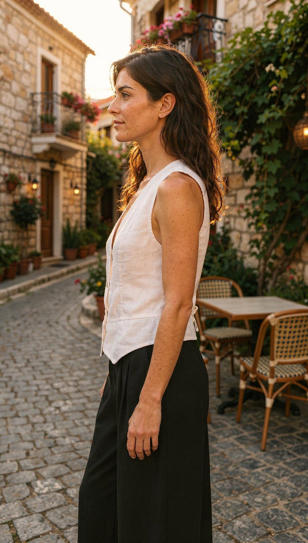 Terra %100 Linen Tasarım Düğmeli Yelek Beyaz