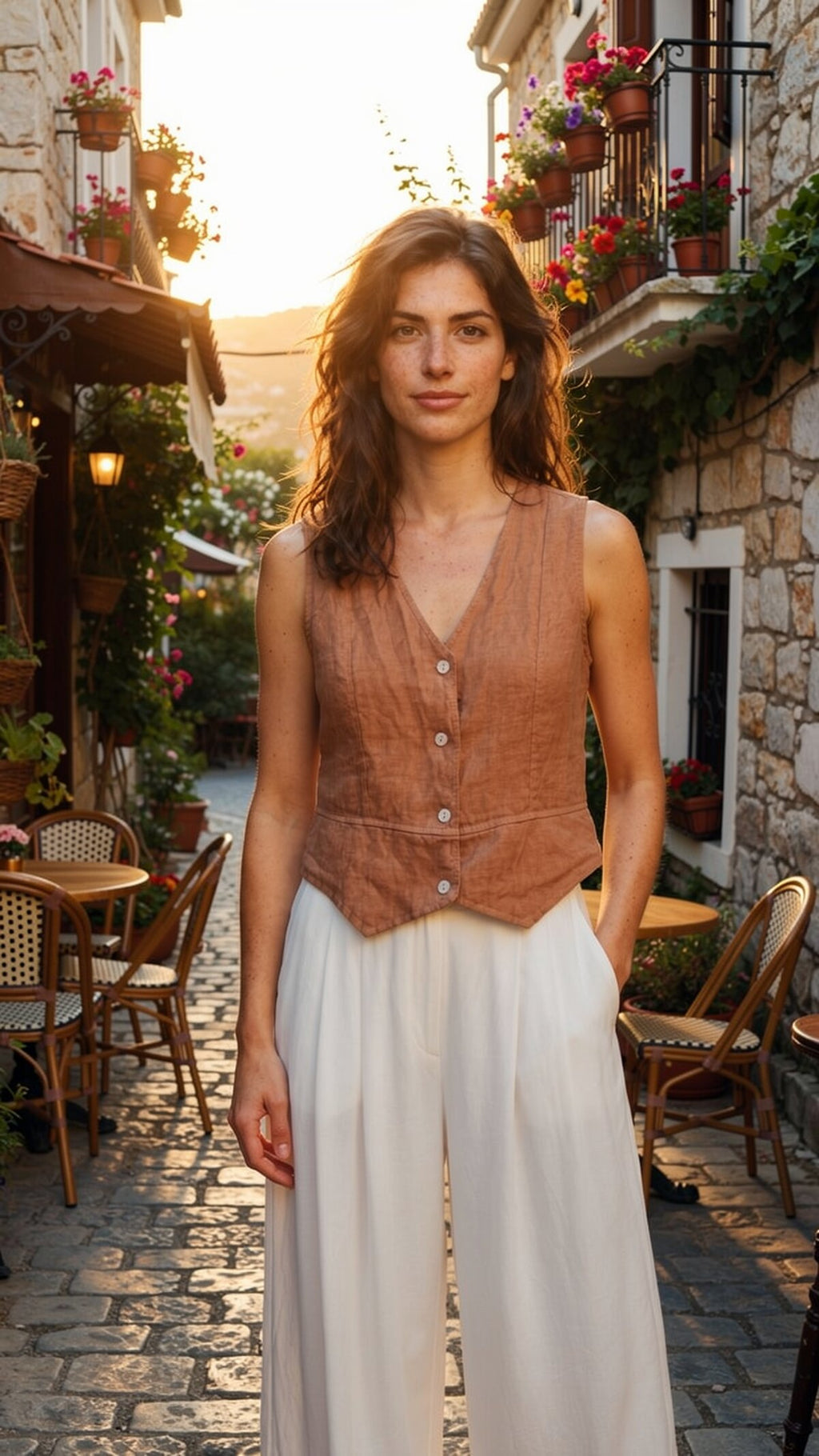 Terra %100 Linen Tasarım Düğmeli Yelek Camel