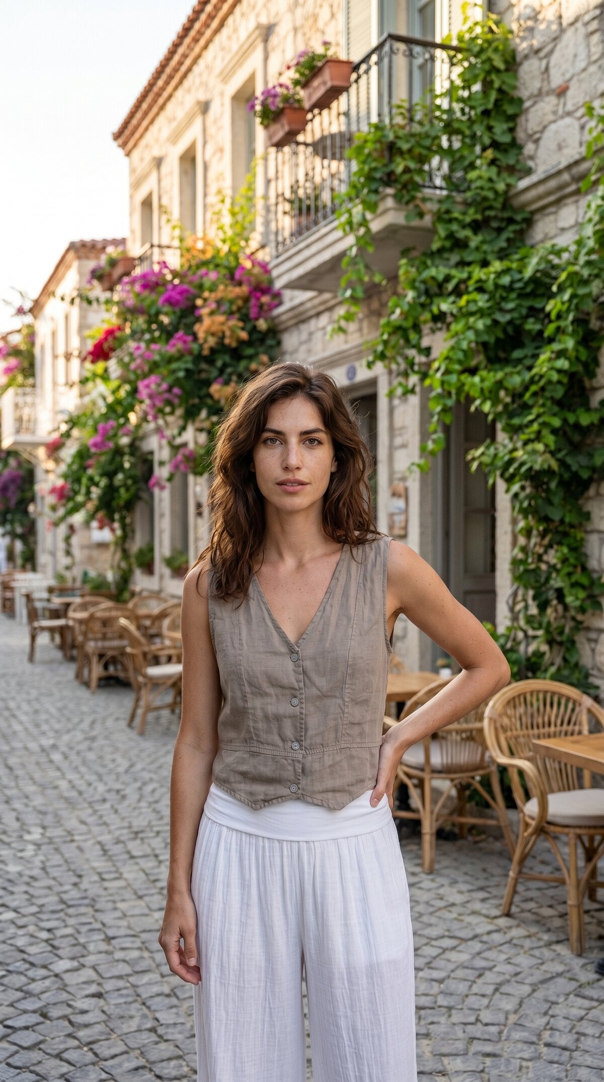 Terra %100 Linen Tasarım Düğmeli Yelek Fango