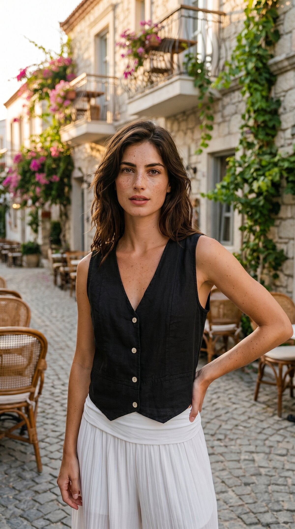 Terra %100 Linen Tasarım Düğmeli Yelek Siyah