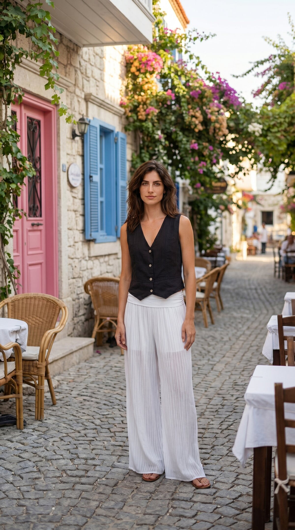 Terra %100 Linen Tasarım Düğmeli Yelek Siyah