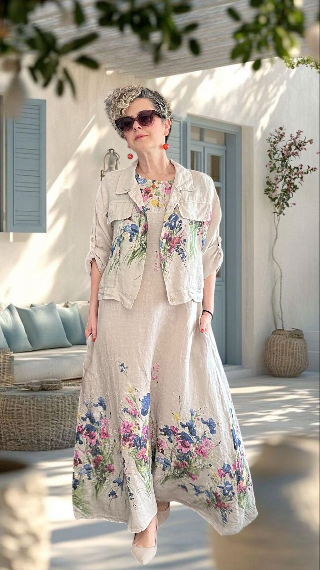 Venno | İthal %100 Linen Ceket & Kolsuz Elbise Takımı Bej