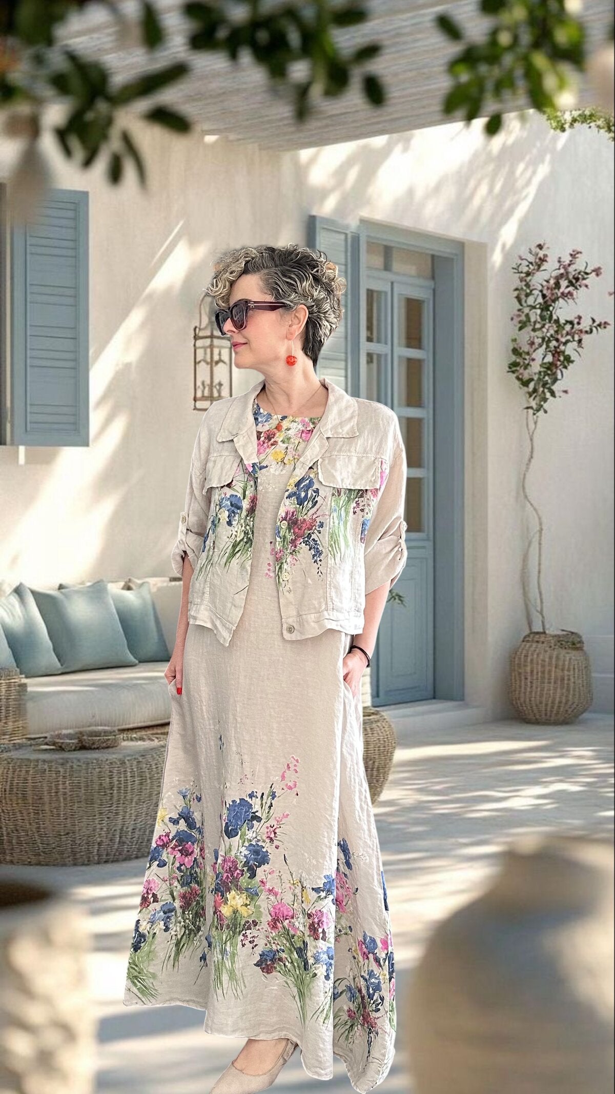 Venno | İthal %100 Linen Ceket & Kolsuz Elbise Takımı Bej