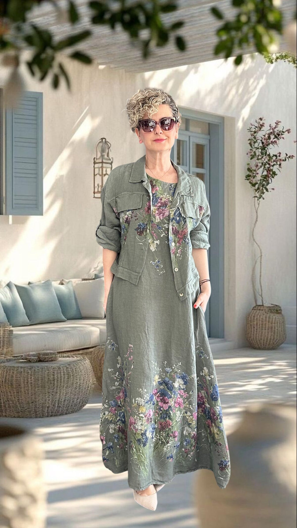 Venno | İthal %100 Linen Ceket & Kolsuz Elbise Takımı Haki