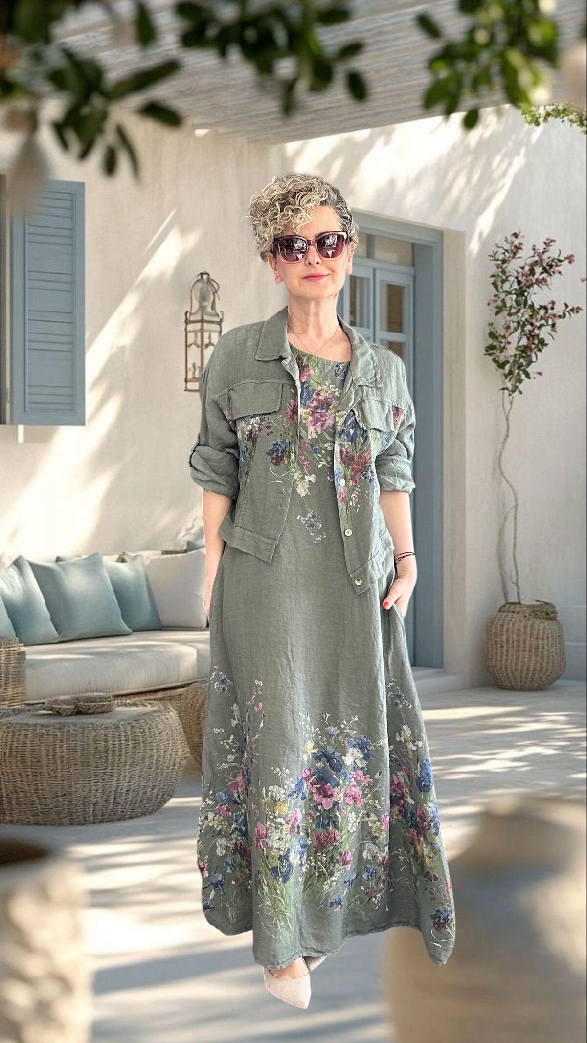 Venno | İthal %100 Linen Ceket & Kolsuz Elbise Takımı Haki