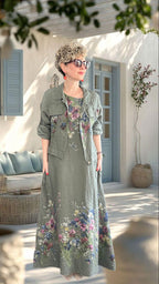 Venno | İthal %100 Linen Ceket & Kolsuz Elbise Takımı Haki