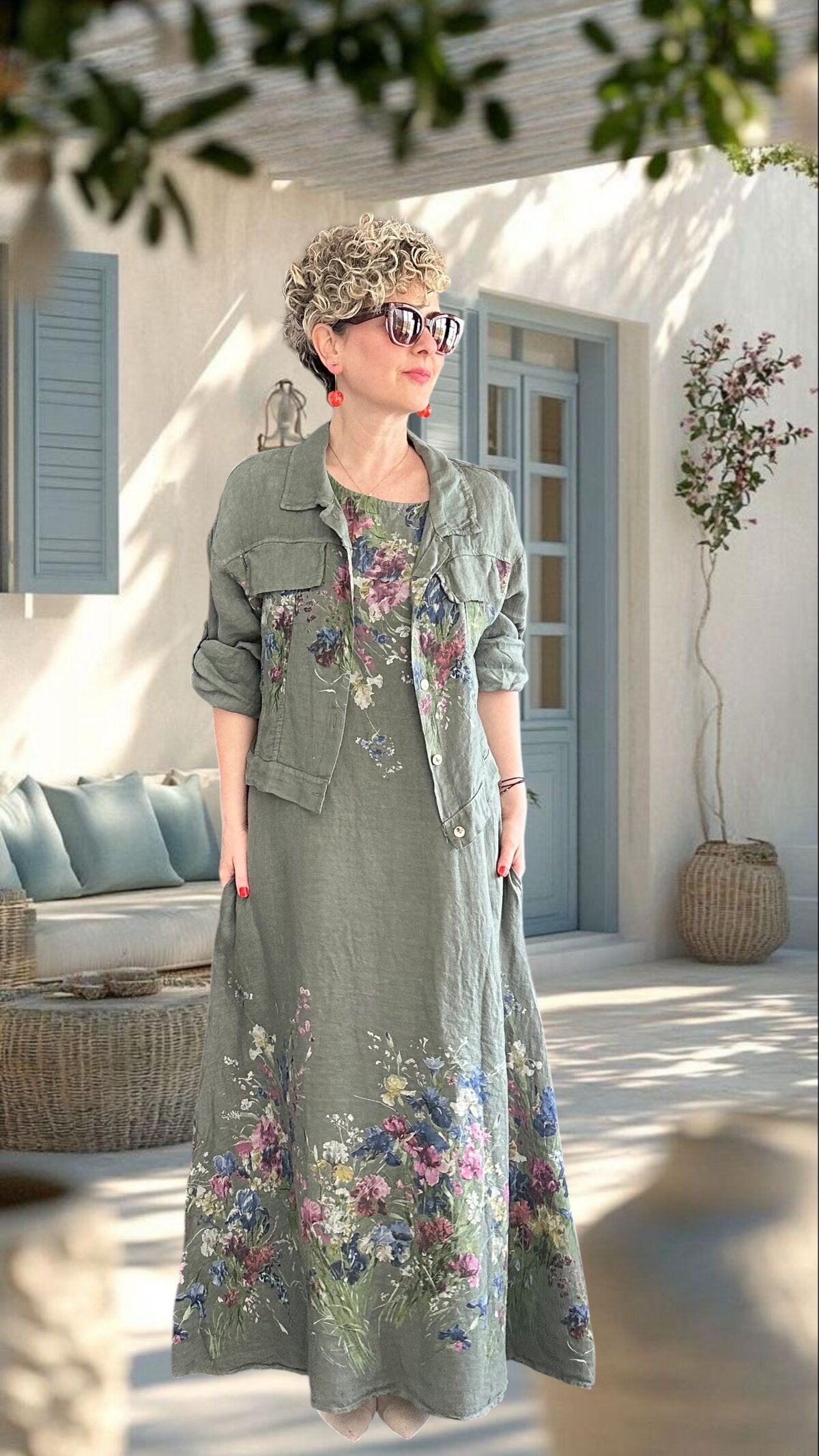Venno | İthal %100 Linen Ceket & Kolsuz Elbise Takımı Haki