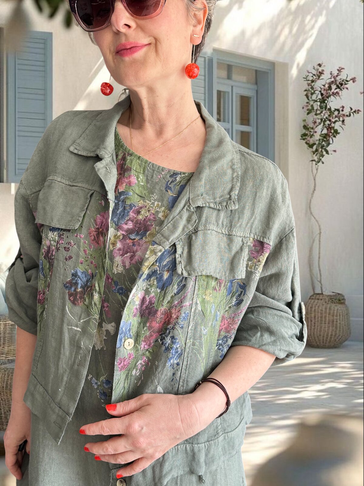 Venno | İthal %100 Linen Ceket & Kolsuz Elbise Takımı Haki