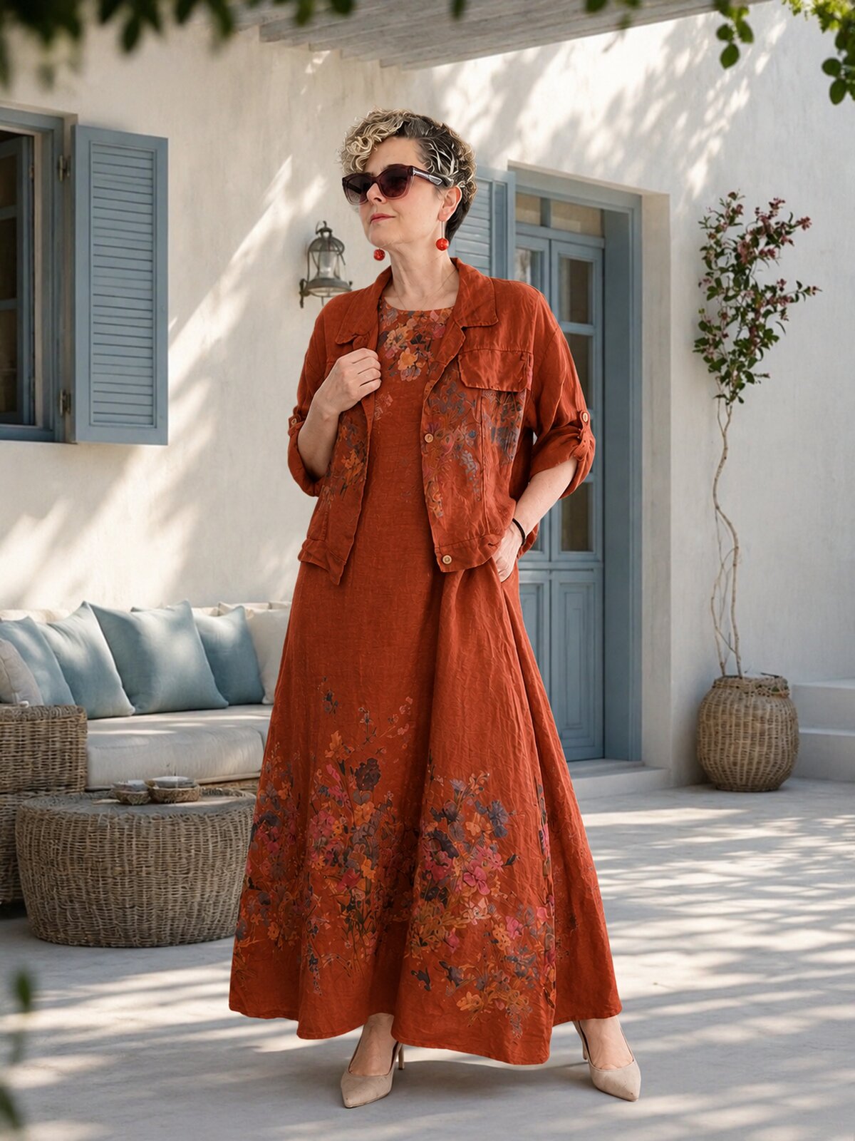 Venno | İthal %100 Linen Ceket & Kolsuz Elbise Takımı Tarçın