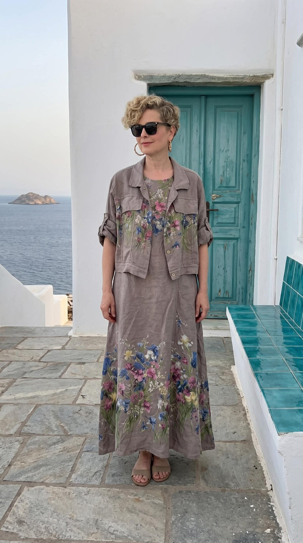 Venno | İthal %100 Linen Ceket & Kolsuz Elbise Takımı Vizon