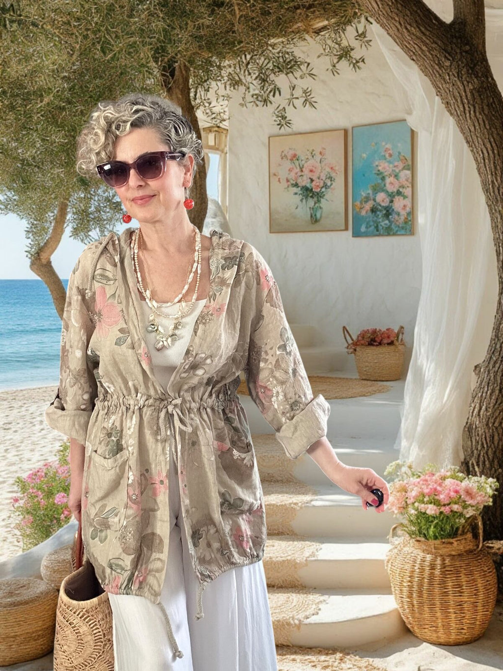 Vinci %100 Linen Kapüşonlu Çiçek Desenli Tasarım Ceket Beige