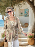 Vinci %100 Linen Kapüşonlu Çiçek Desenli Tasarım Ceket Beige