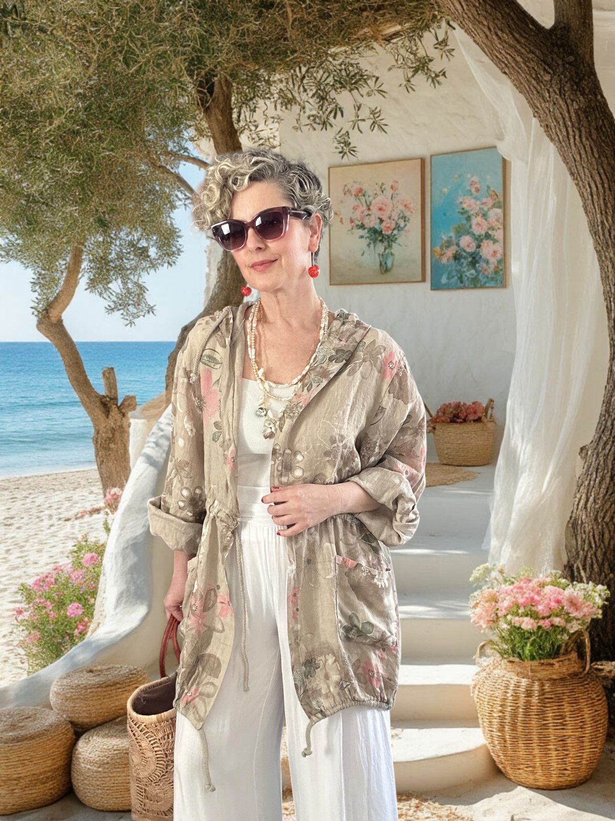 Vinci %100 Linen Kapüşonlu Çiçek Desenli Tasarım Ceket Beige