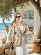 Vinci %100 Linen Kapüşonlu Çiçek Desenli Tasarım Ceket Beige