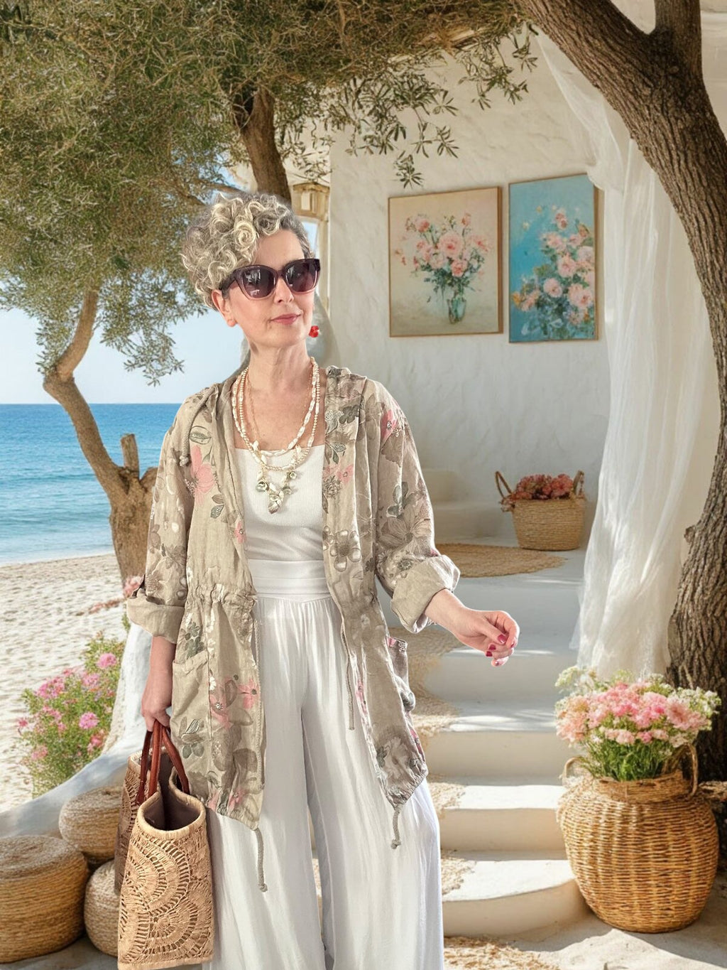 Vinci %100 Linen Kapüşonlu Çiçek Desenli Tasarım Ceket Beige