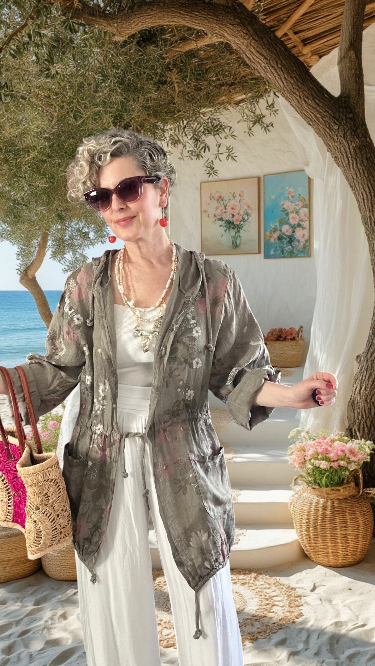 Vinci %100 Linen Kapüşonlu Çiçek Desenli Tasarım Ceket Fango