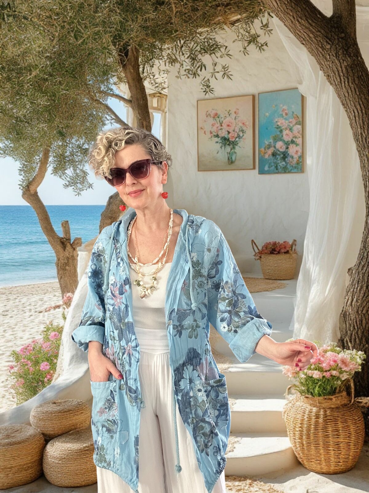 Vinci %100 Linen Kapüşonlu Çiçek Desenli Tasarım Ceket Mavi