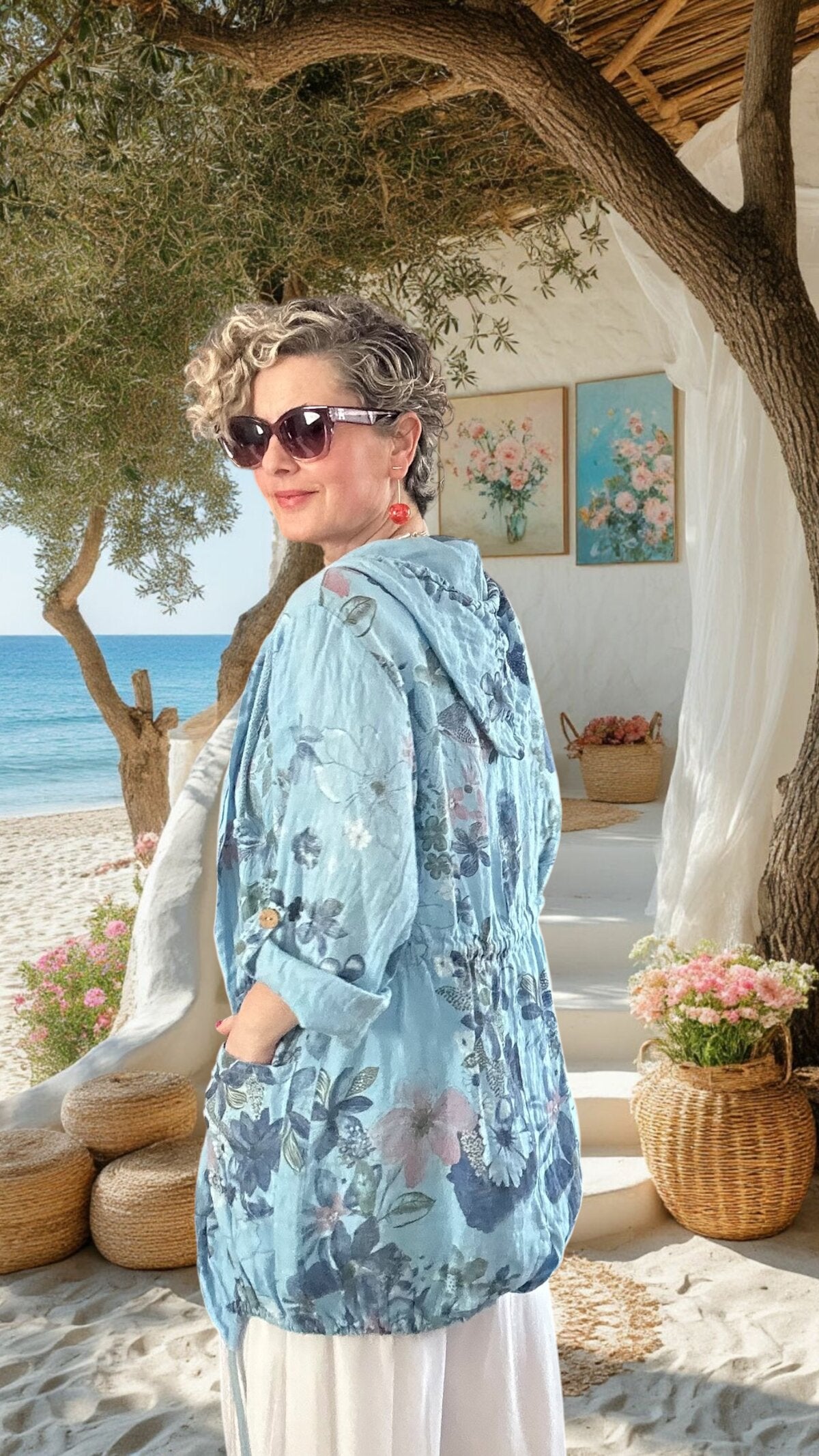 Vinci %100 Linen Kapüşonlu Çiçek Desenli Tasarım Ceket Mavi