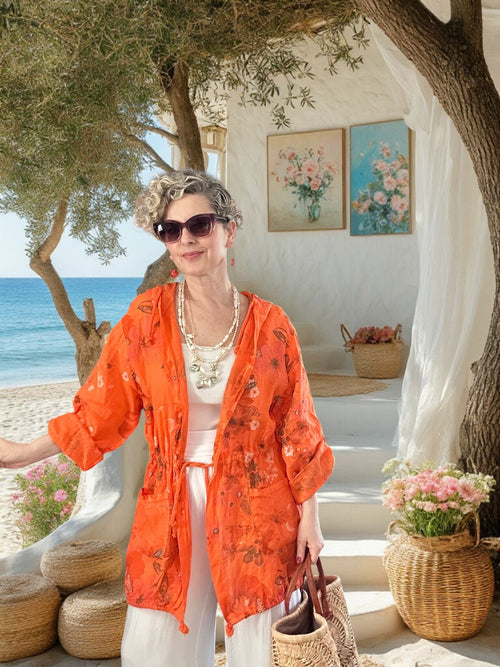Vinci %100 Linen Kapüşonlu Çiçek Desenli Tasarım Ceket Turuncu