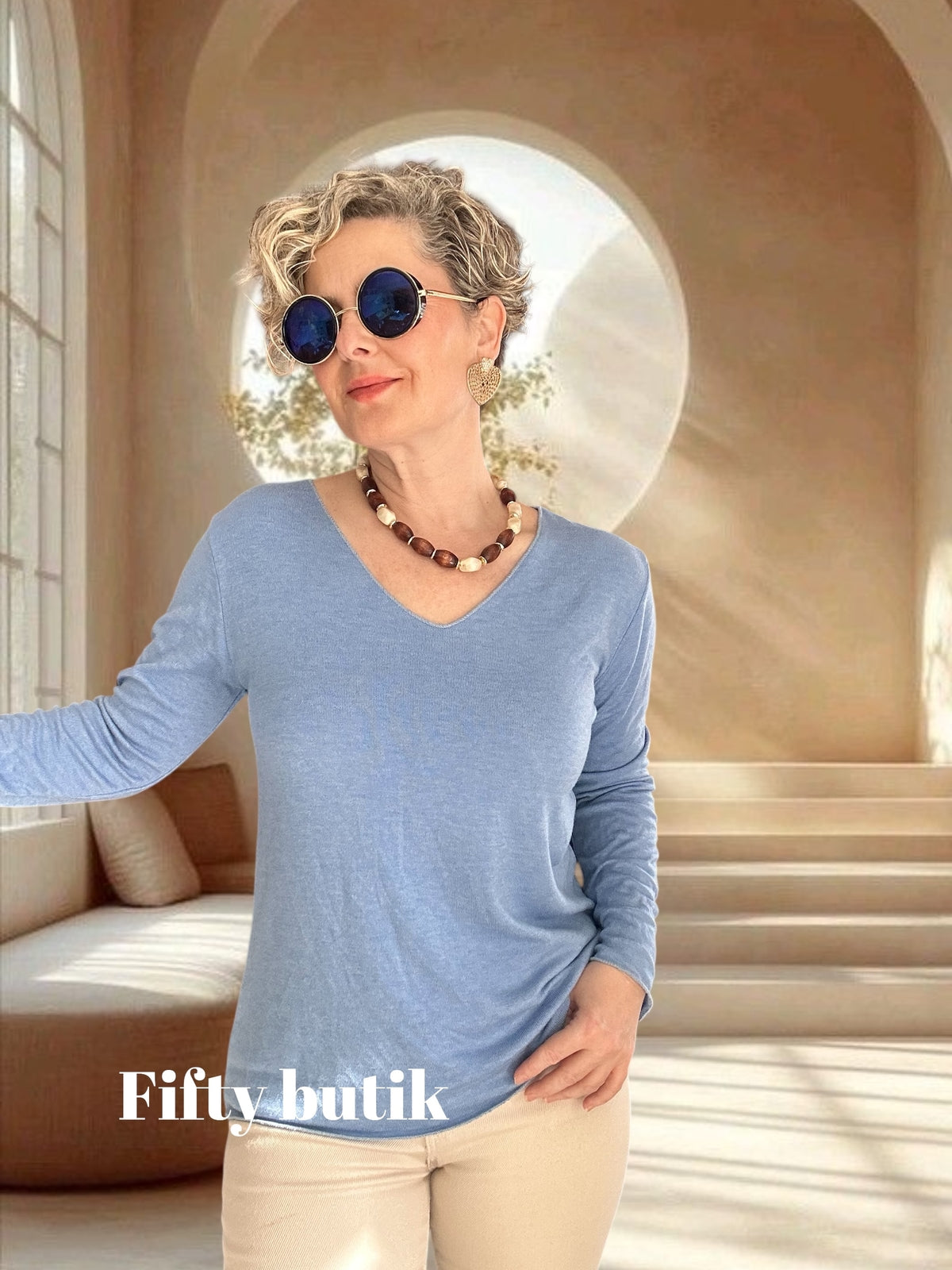 Zanna | İthal Esnek V Yaka Triko Bluz Bebe Mavi görsel 3