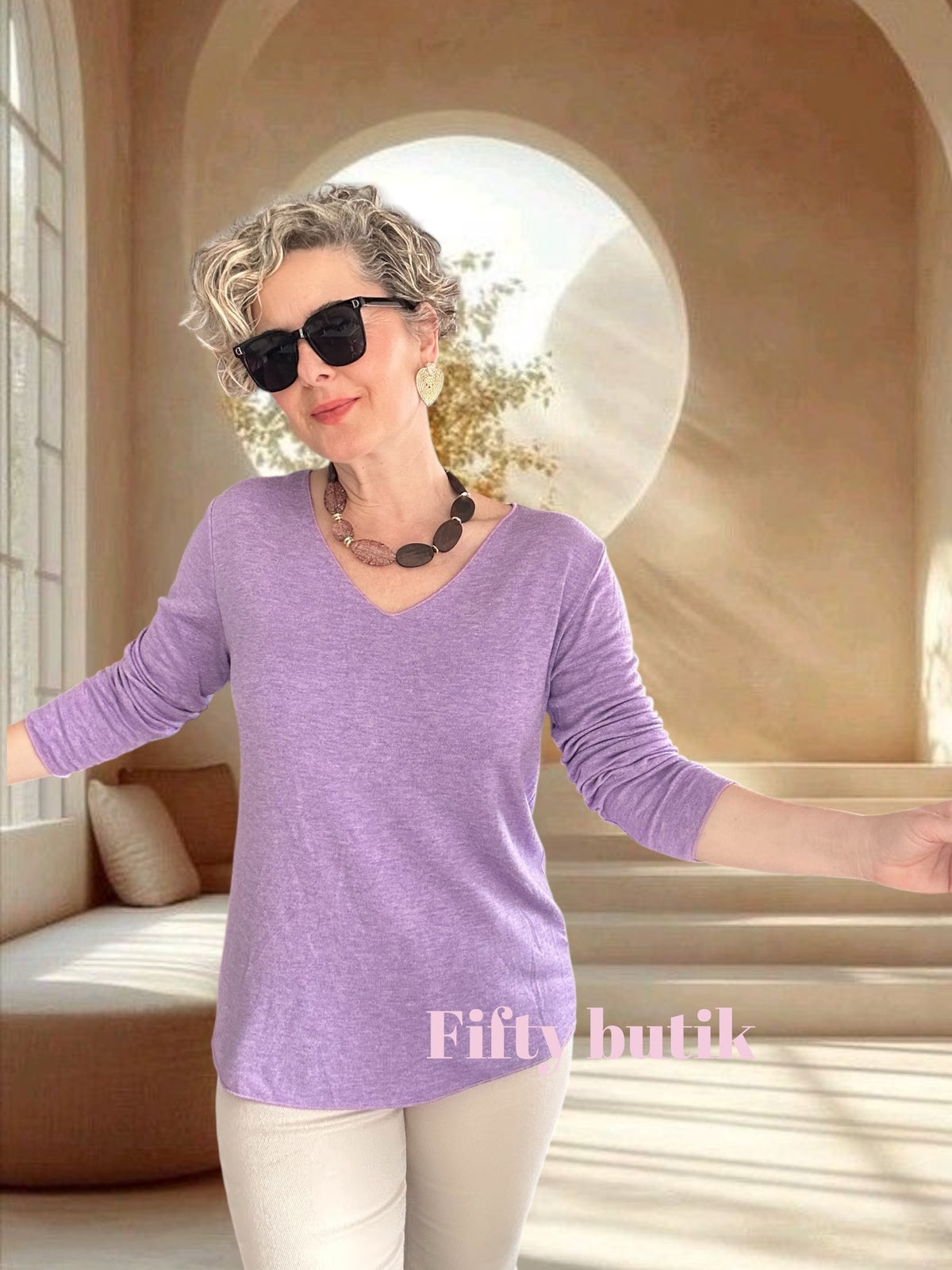 Zanna | İthal Esnek V Yaka Triko Bluz Lila görsel 3