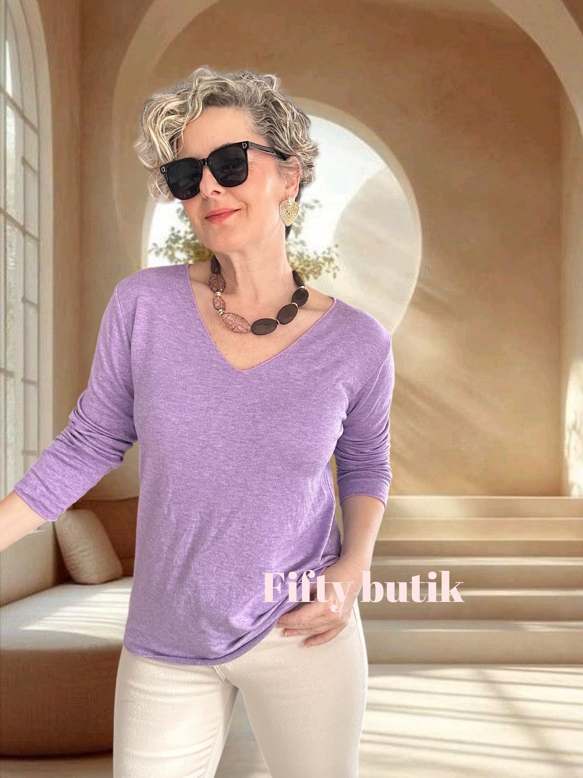 Zanna | İthal Esnek V Yaka Triko Bluz Lila görsel 2