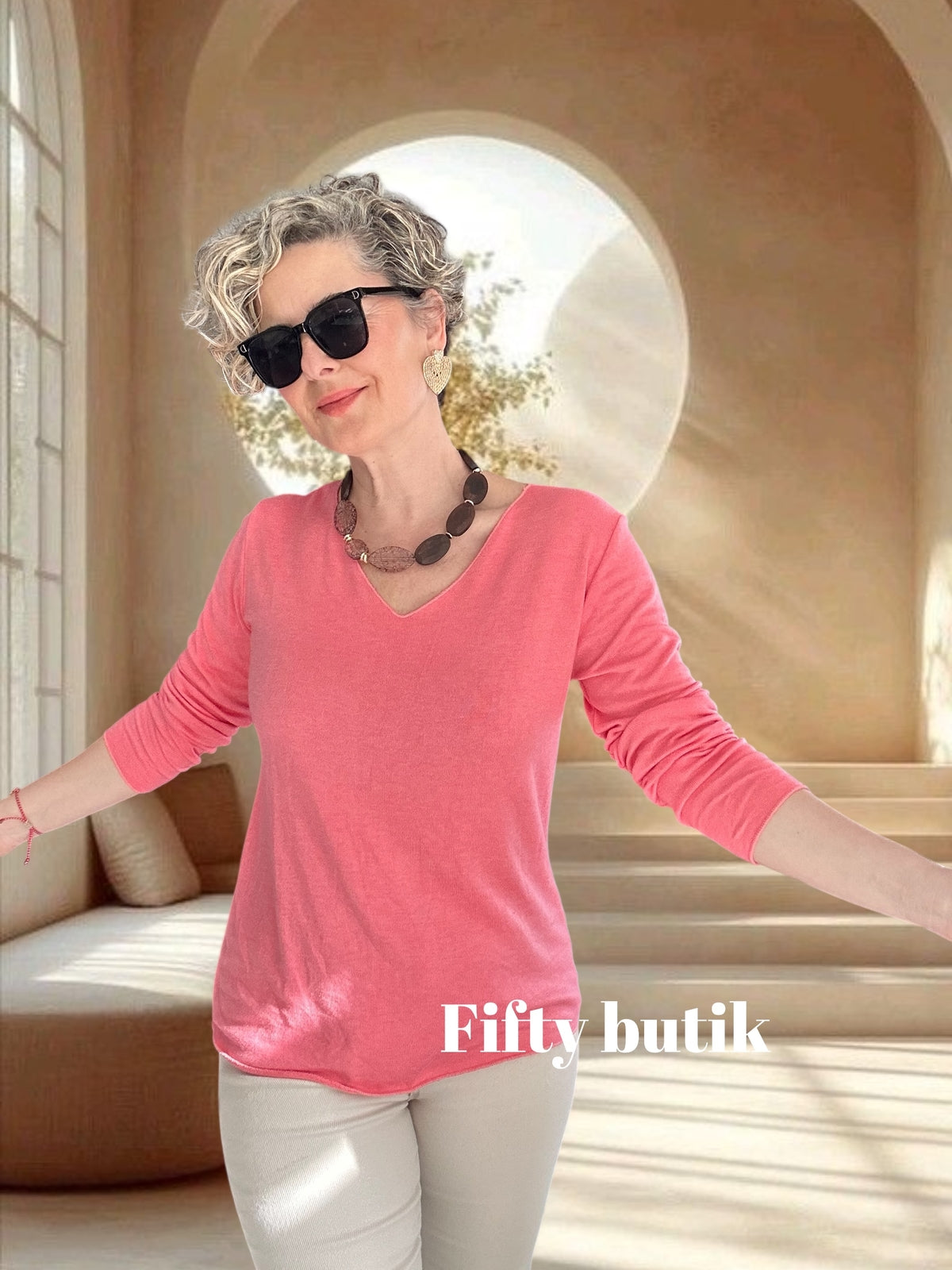 Zanna | İthal Esnek V Yaka Triko Bluz Pudra görsel 2