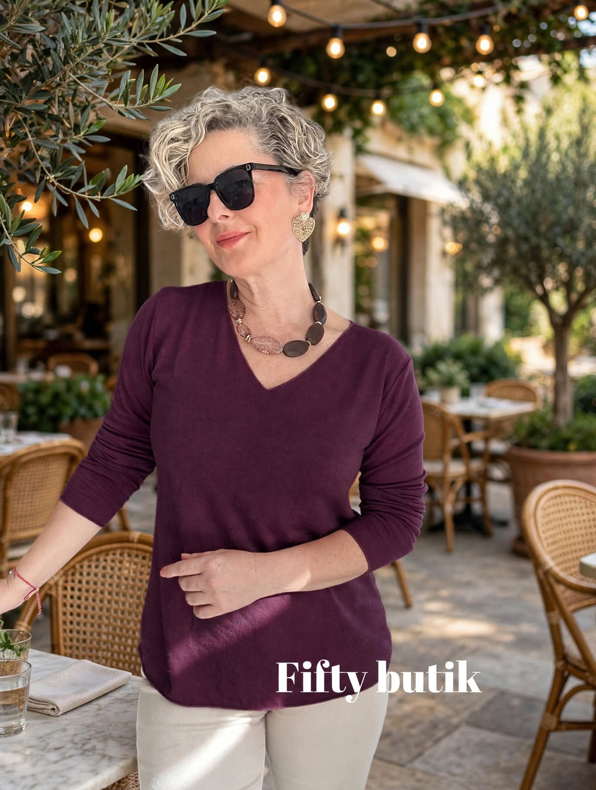 Zanna || İthal Esnek V Yaka Triko Bluz Mürdüm görsel 1