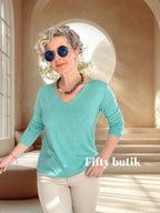 Zanna | İthal Esnek V Yaka Triko Bluz Su Yesili görsel 3