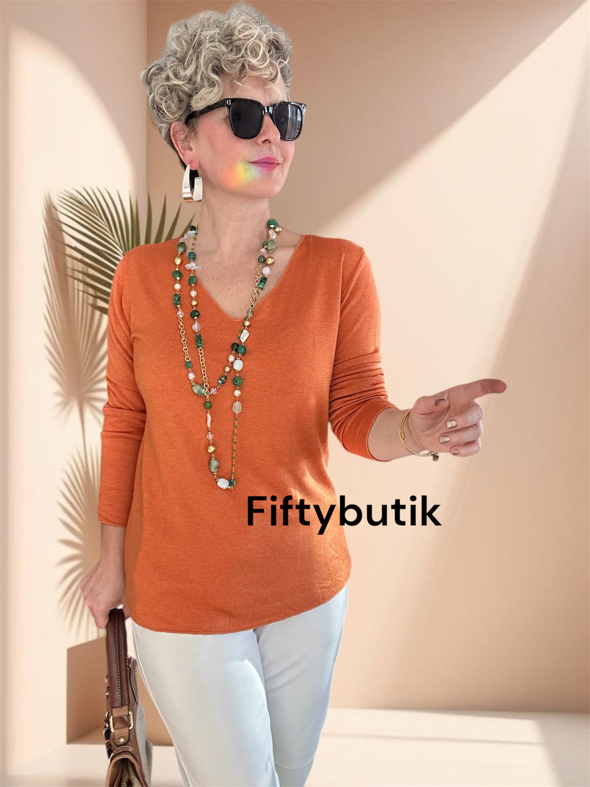 Zanna | İthal Esnek V Yaka Triko Bluz Orange görsel 4