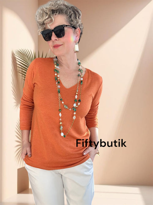 Zanna | İthal Esnek V Yaka Triko Bluz Orange görsel 1